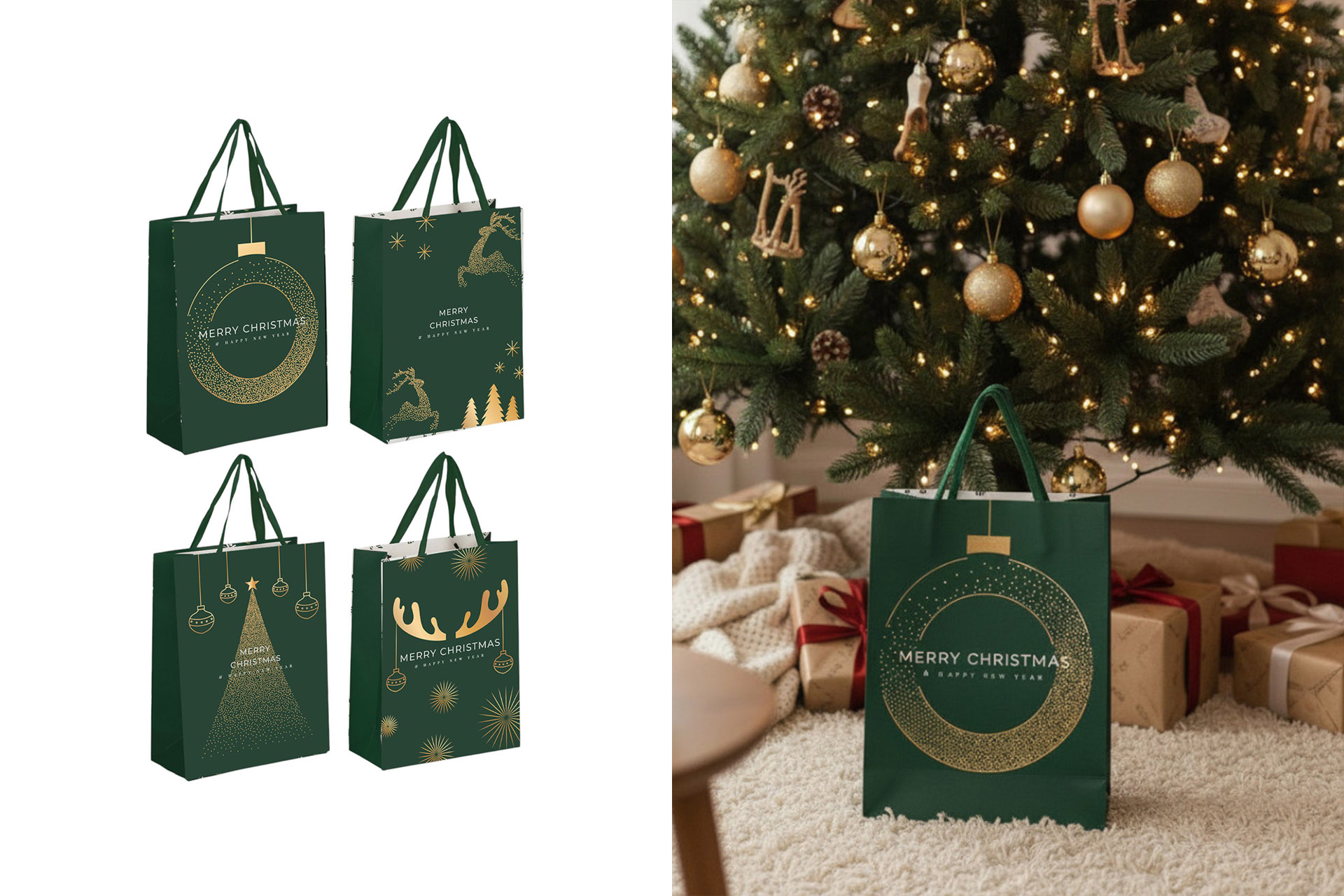 Geschenktüte Frohe Weihnachten und Frohes neues Jahr "Dunkelgrün & Gold" 18x23x10cm, 4 Designs