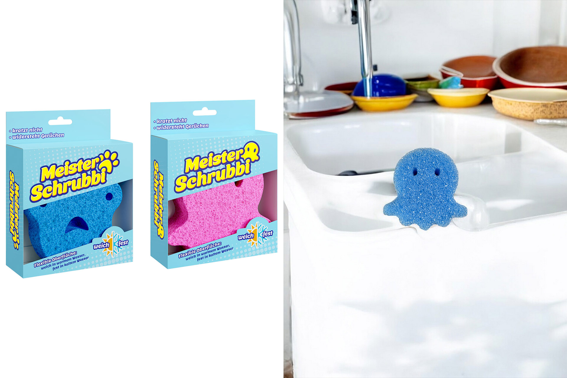 Putzschwamm/Küchenschwamm "Meister Schrubbi", 10x10x5cm, 2 Farbe, 2 Designs
