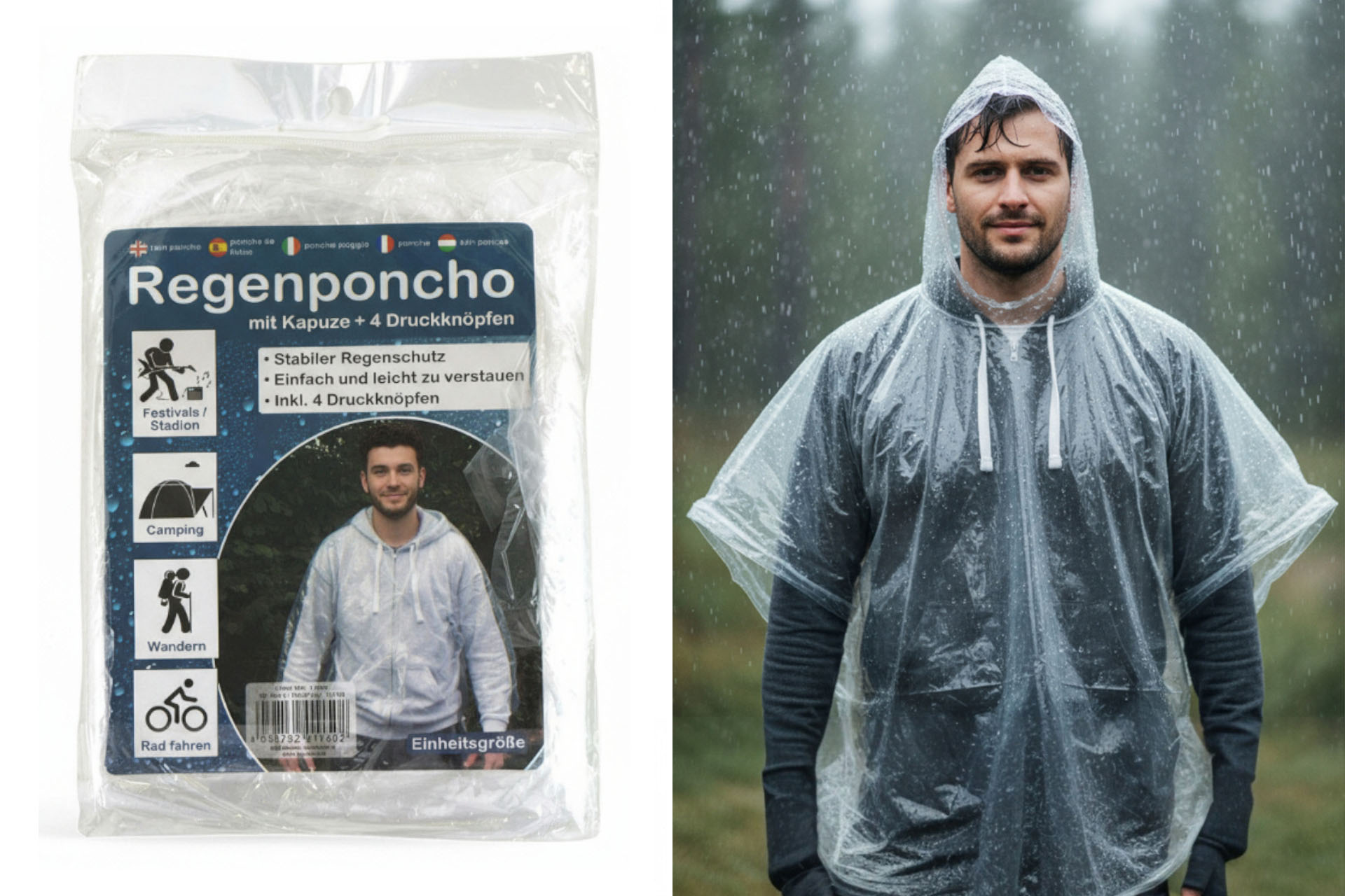 Transparent rain poncho with press studs