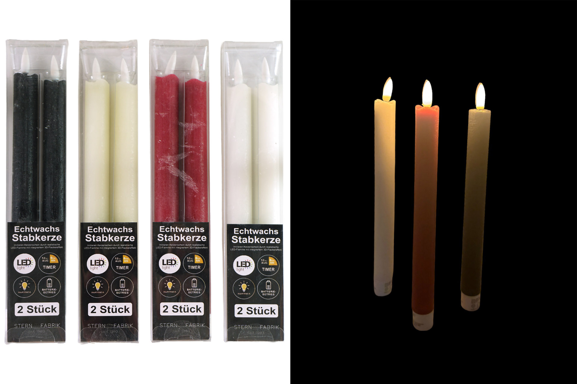 LED Echtwachskerze Stabkerze "Rustik", 24cm, 2er Set, warmweiß, mit Timer, 3 Farben