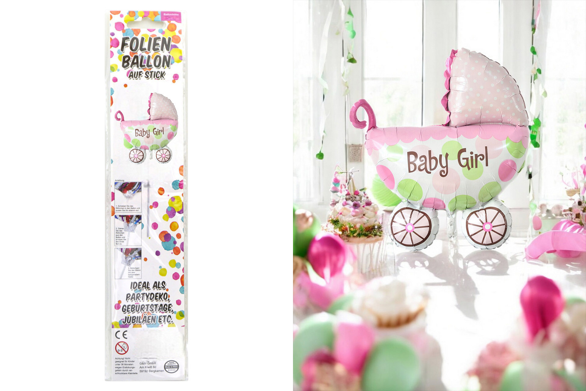 Folienballon Sortiment Refill für Display "Baby Girl" mit Stick, 35cm