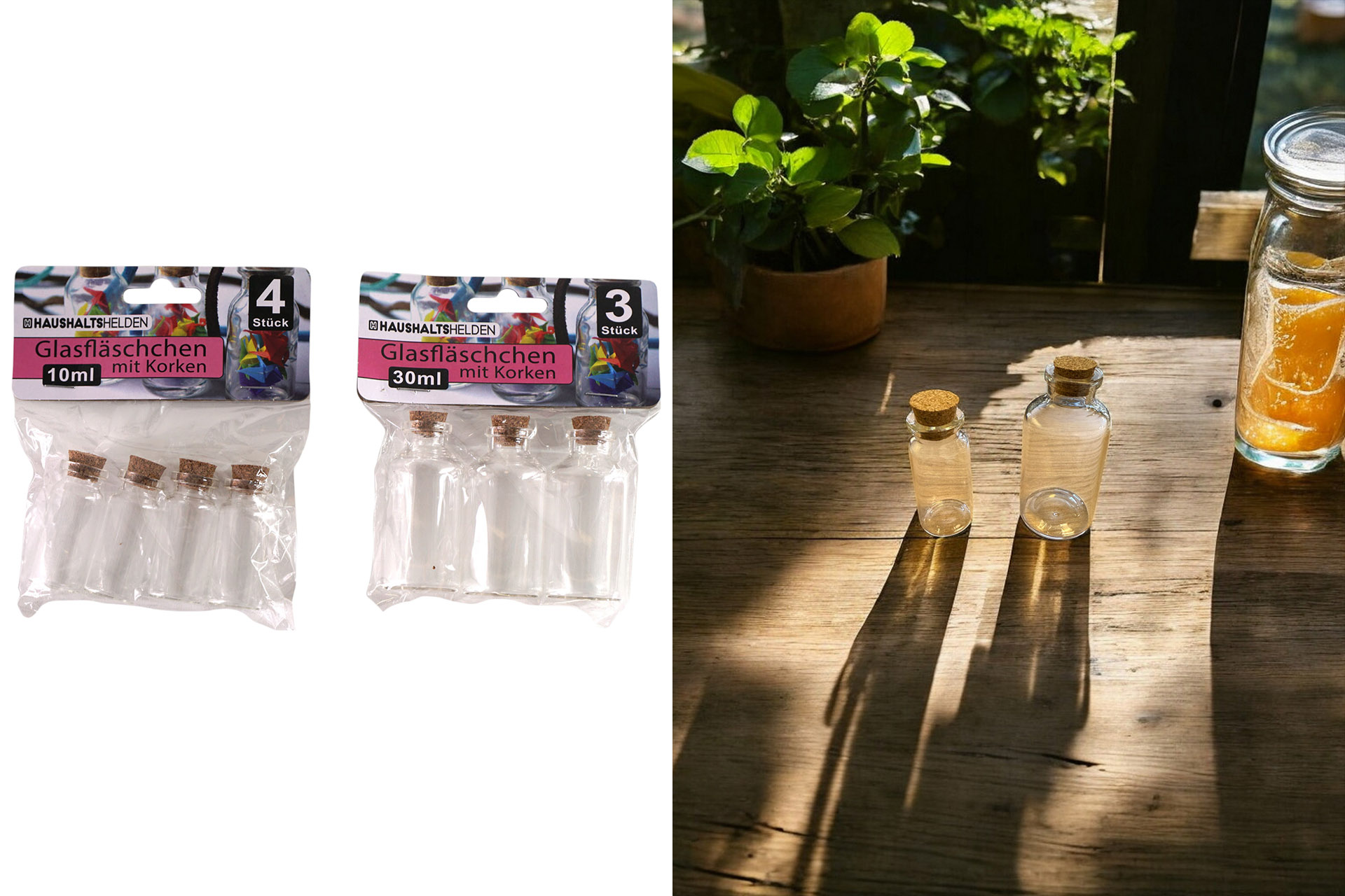 Vial glass with cork set, 2 sizes sorted