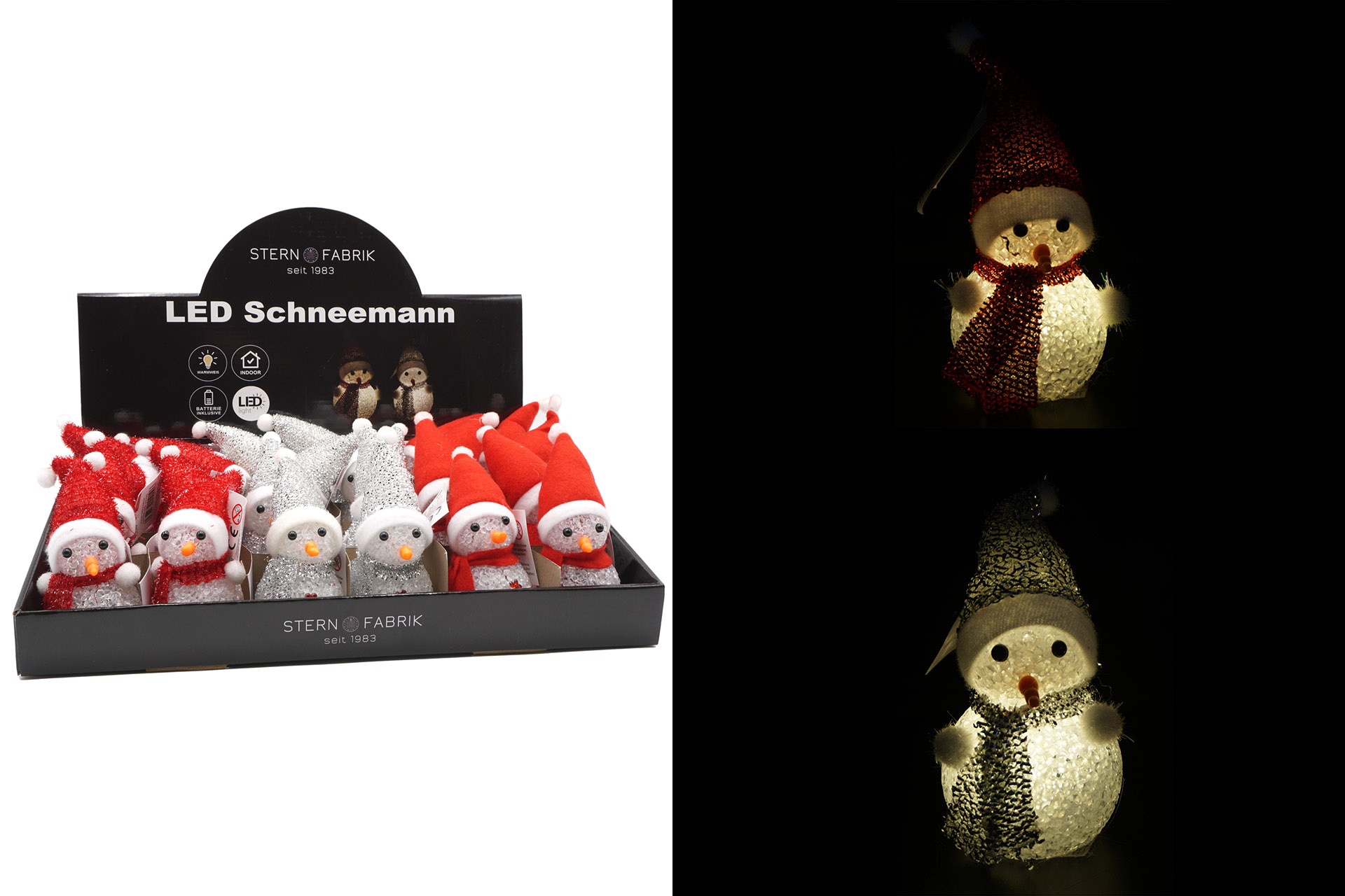 LED Schneemann "Kristall" 1 LED, 9cm, warmweiß, 3 Designs
