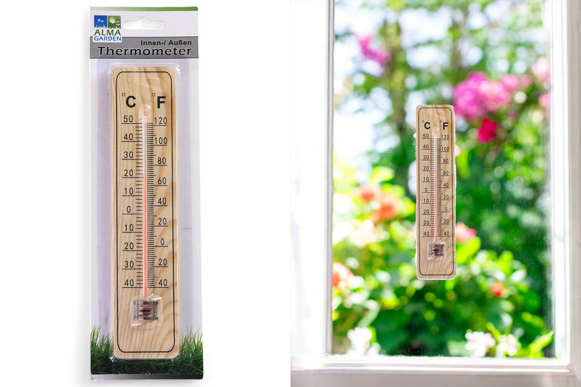 Thermometer with wooden base, 22 cm