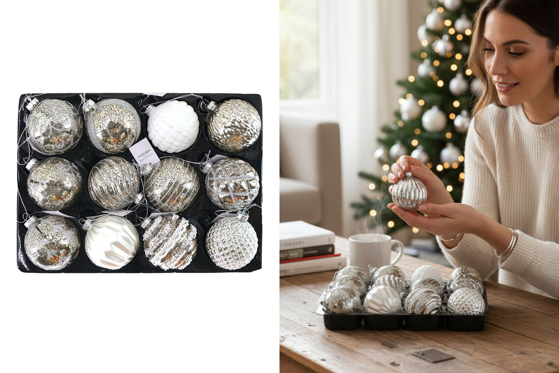 Glass Christmas balls Ø 8cm on display, set B