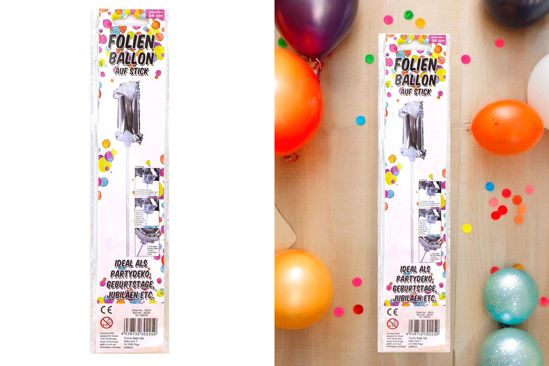 Folienballon Sortiment Refill für Display "Nr. 1 silber" mit Stick, 34cm