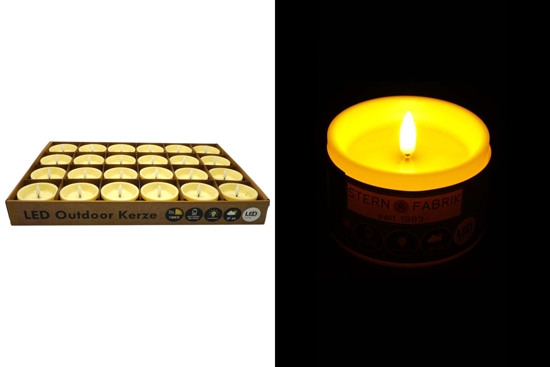 LED Outdoor Kerze, 7,8x7,8x5cm, mit Timer, creme, im Display