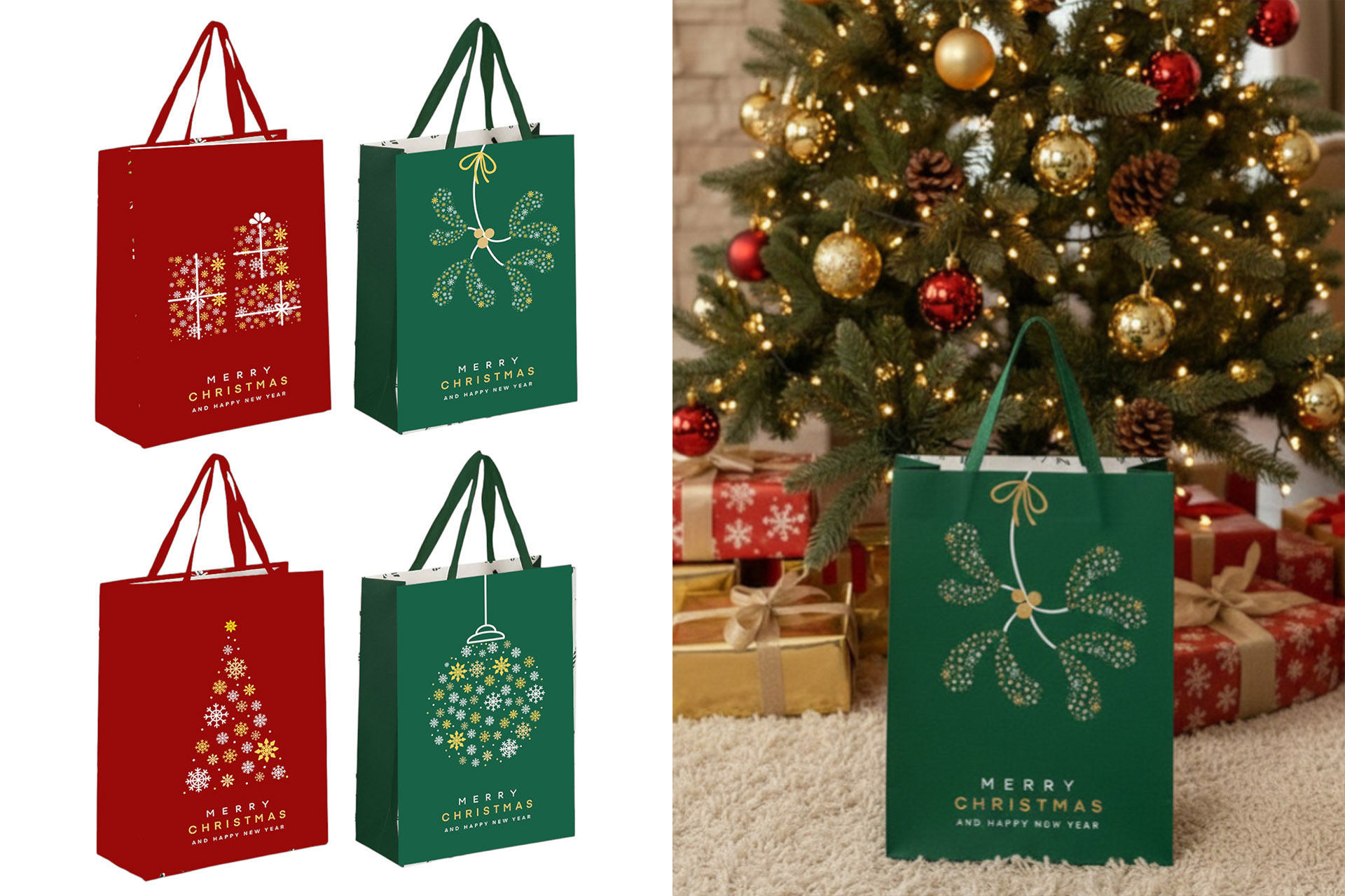 Geschenktüte Frohe Weihnachten und Frohes neues Jahr "Rot & Grün Mix" 26x32x12cm, 4 Designs