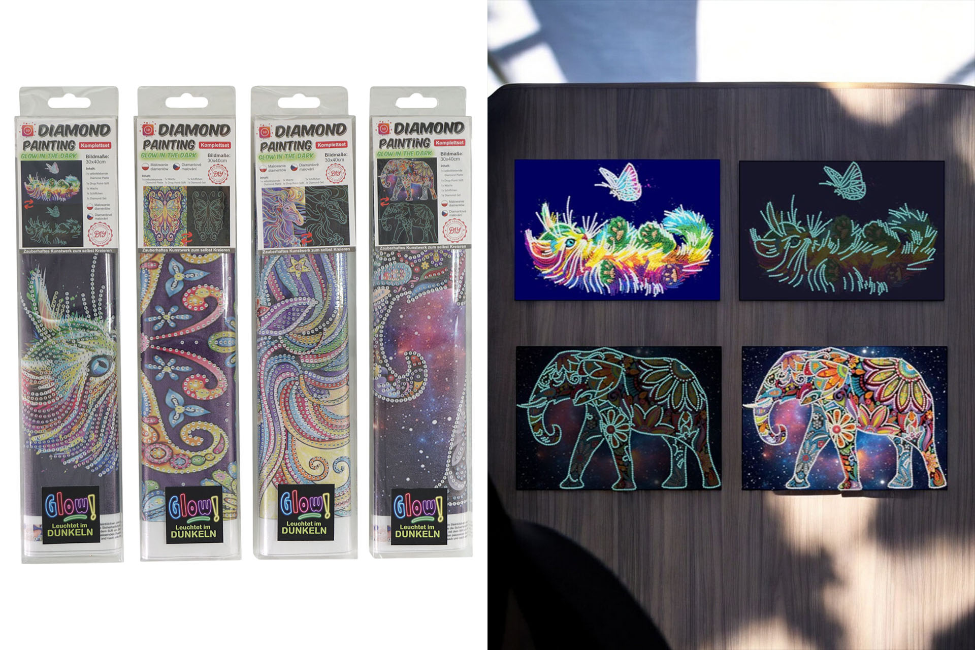 5D Diamond "Glow in the dark" Painting Set 30x40cm, 4 Designs