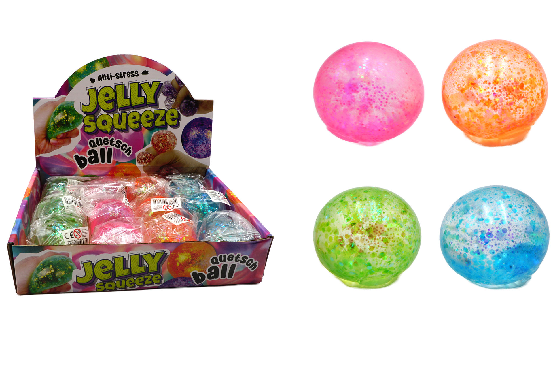 Quetschball Anti-Stress Jelly Squeeze "Rund" 6cm, 4 Farben, im Display