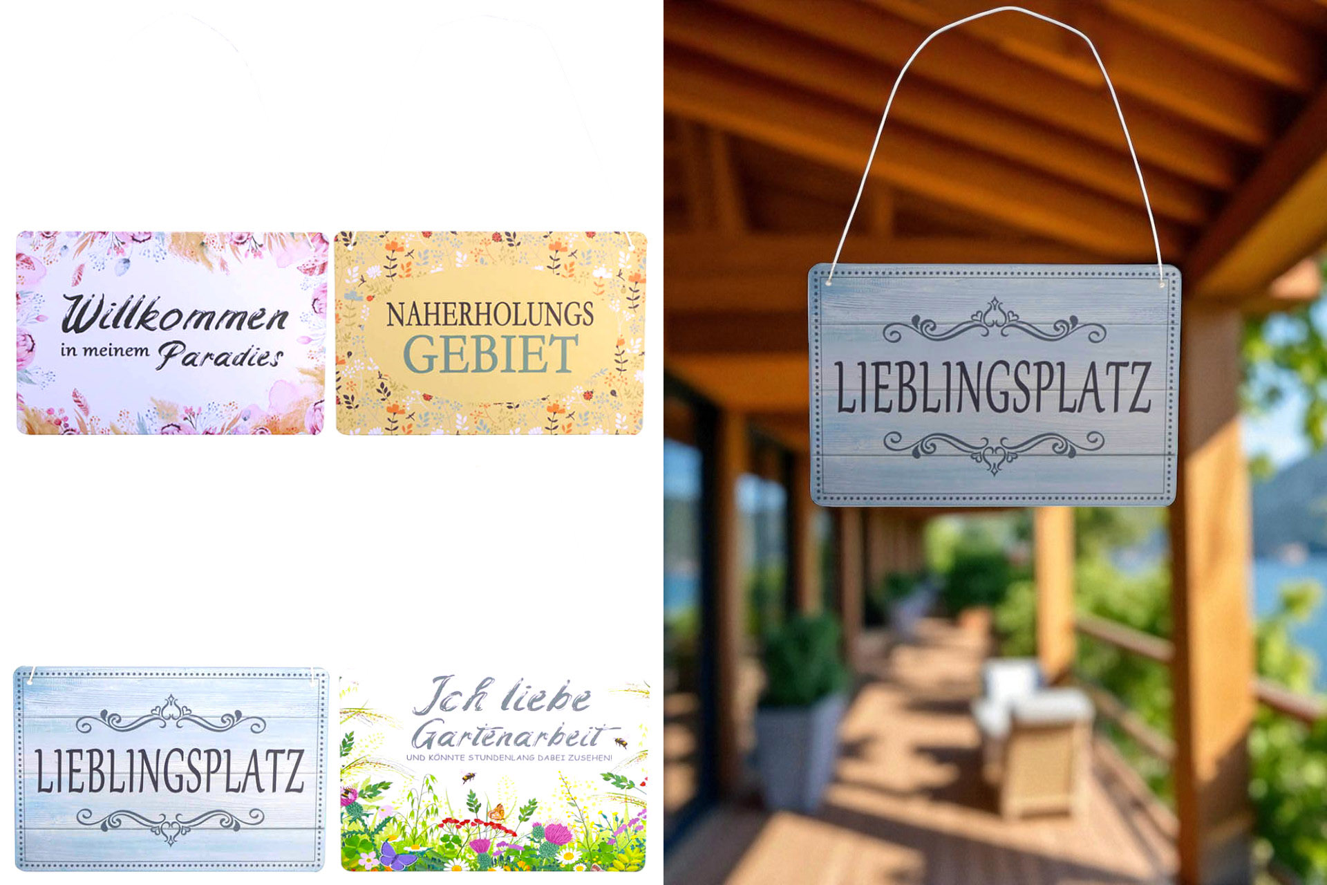 Deko Metallschild mit Aufdruck zum Hängen, 21 x 14cm, 4 Designs