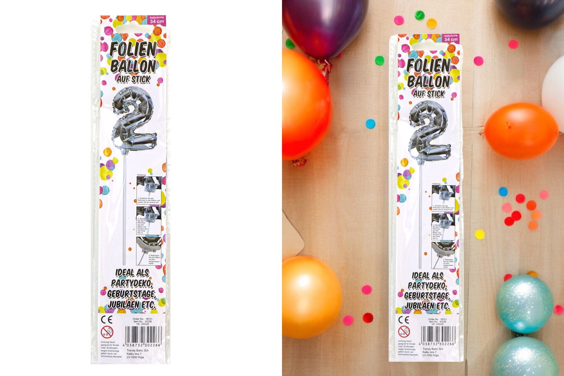 Folienballon Sortiment Refill für Display "Nr. 2 silber" mit Stick, 34cm