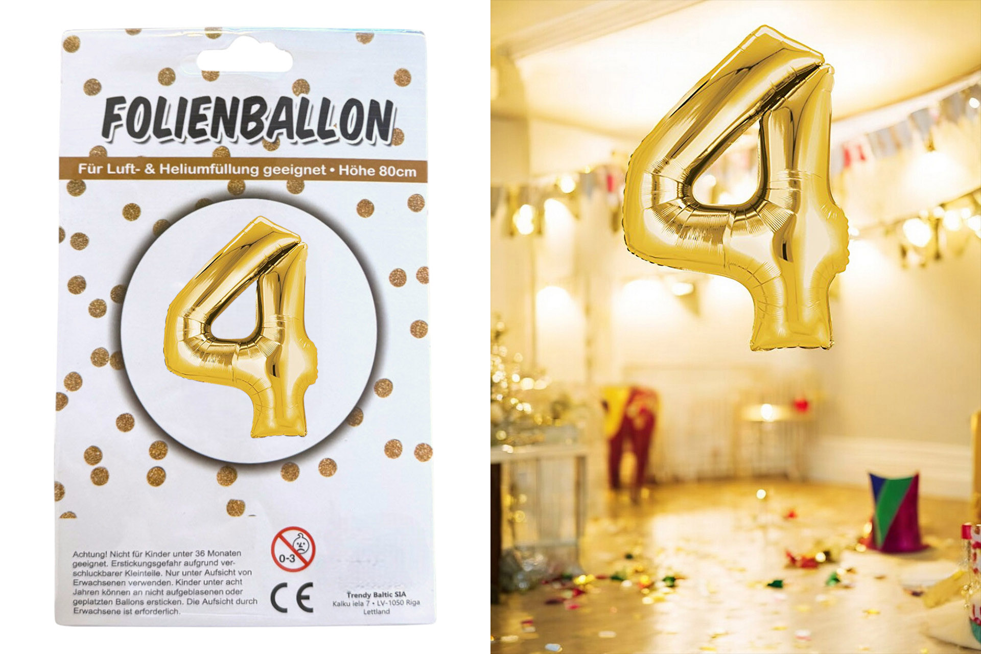 Folienballon Ziffer - 4, 80cm gold