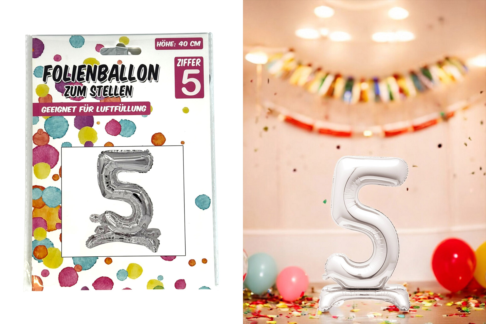 Folienballon zum Hinstellen "5", 40cm, in silber