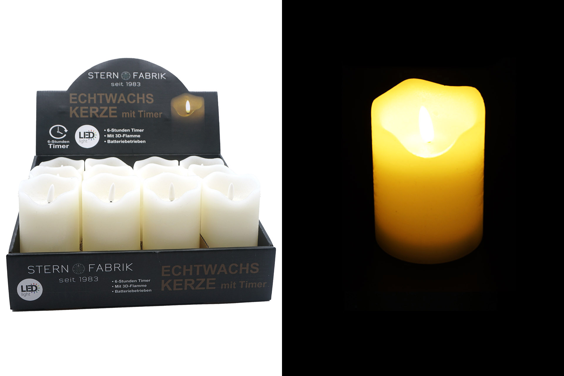 LED Echtwachskerze "3D Flamme" 7,5x15cm mit Timer, creme, im Display