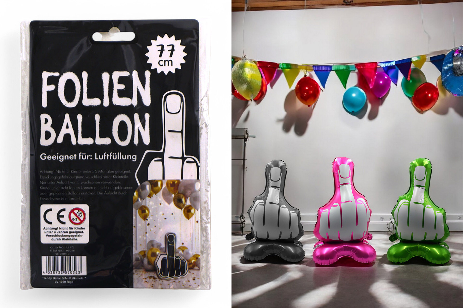 Folienballon zum Hinstellen "Mittelfinger", 77cm, 3 Farben