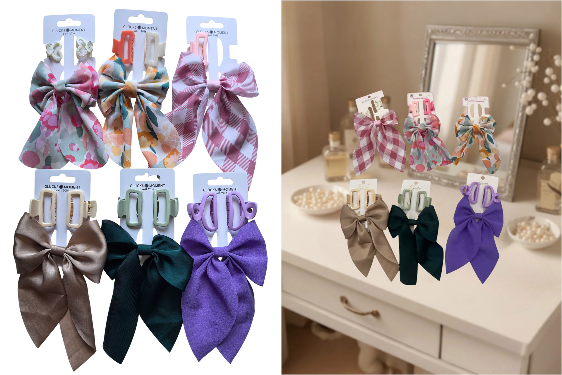 Haarspangen + Schleifen Set 3tlg, 6 Farben, im Display