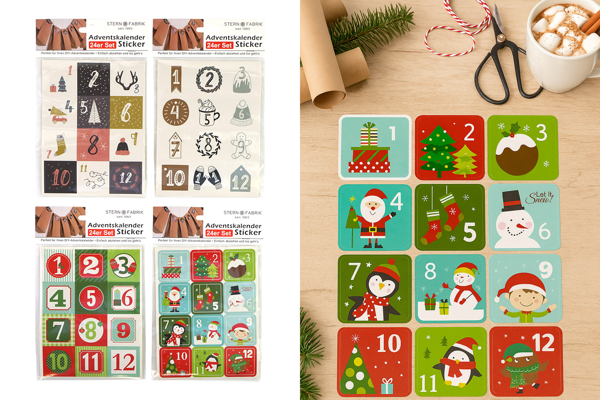 Adventskalender Sticker, 24er Set, 4,5cm, 4 Designs