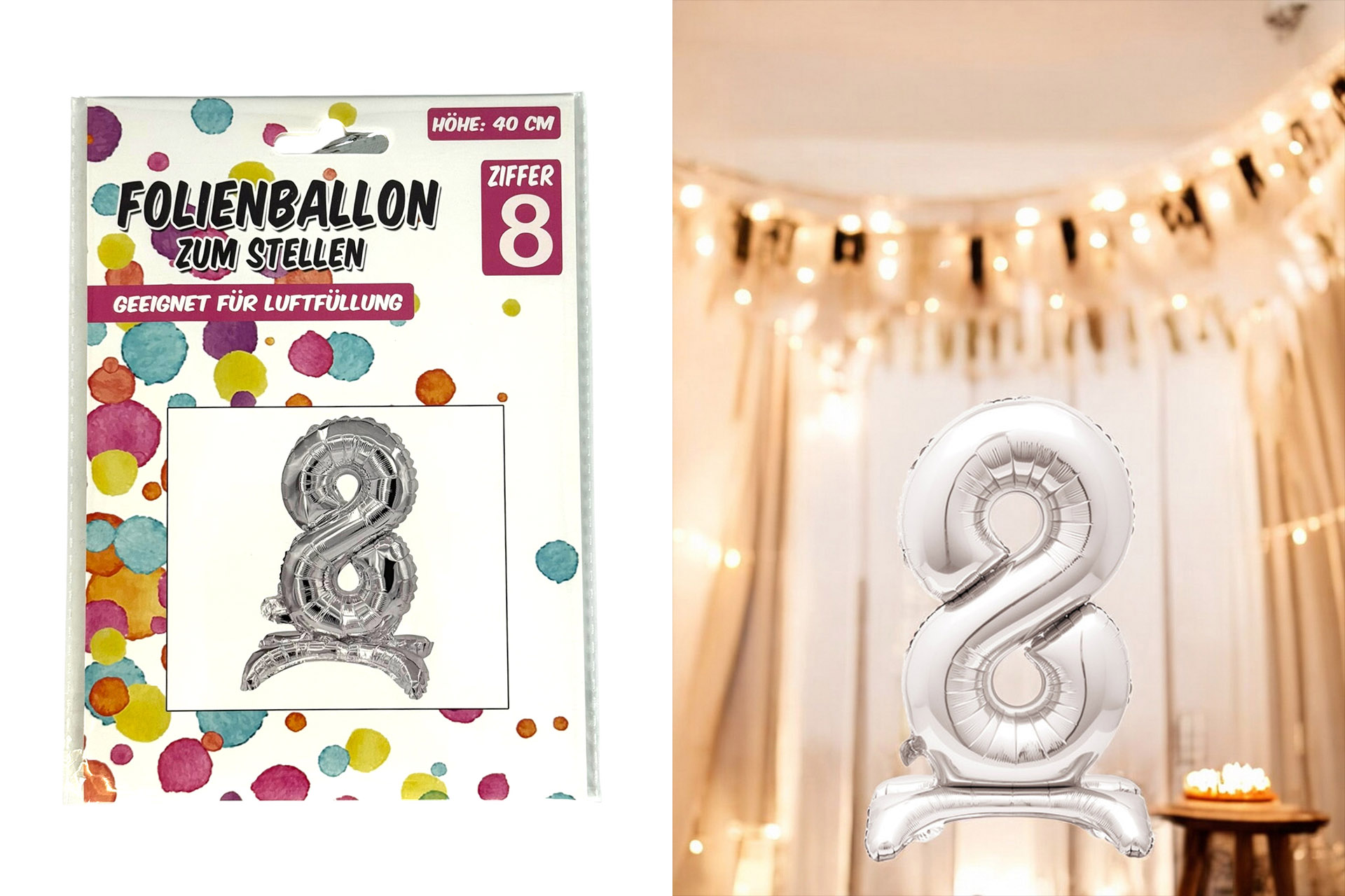 Folienballon zum Hinstellen "8", 40cm, in silber