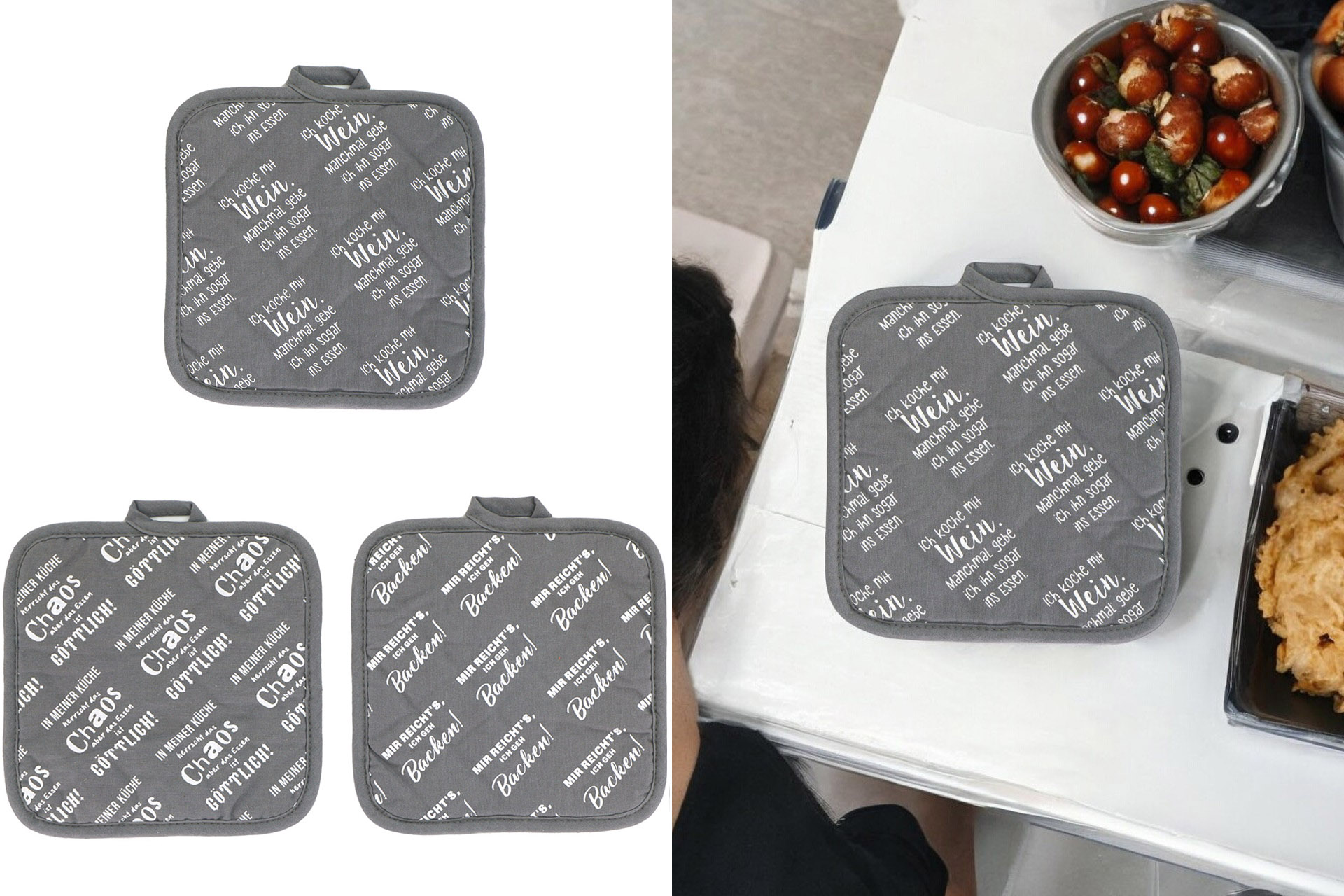 Topflappen mit Sprüchen, 18x18x1cm, 3 Designs