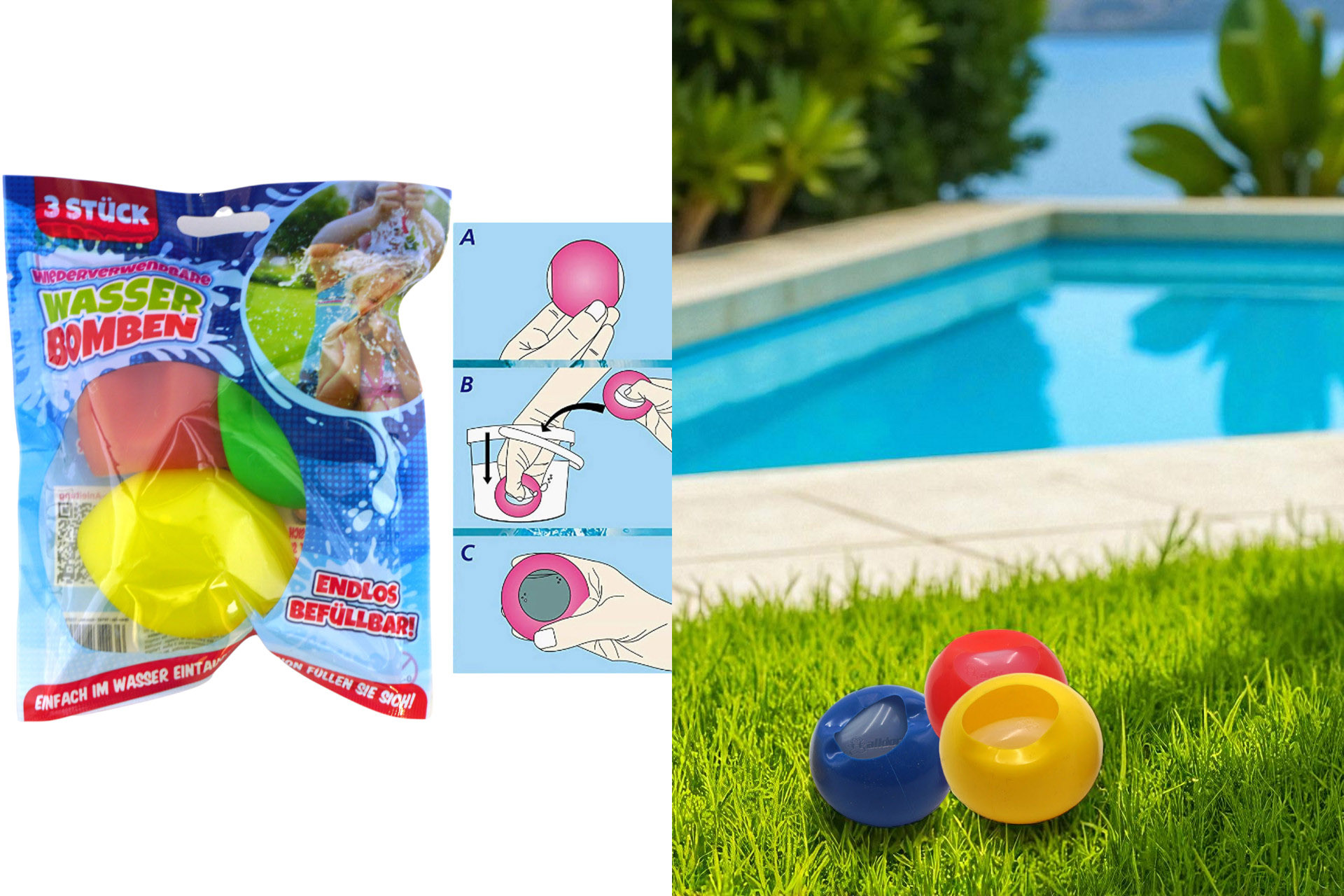 Wasserbomben wiederverwendbar, 3er Set bunt, Silikon