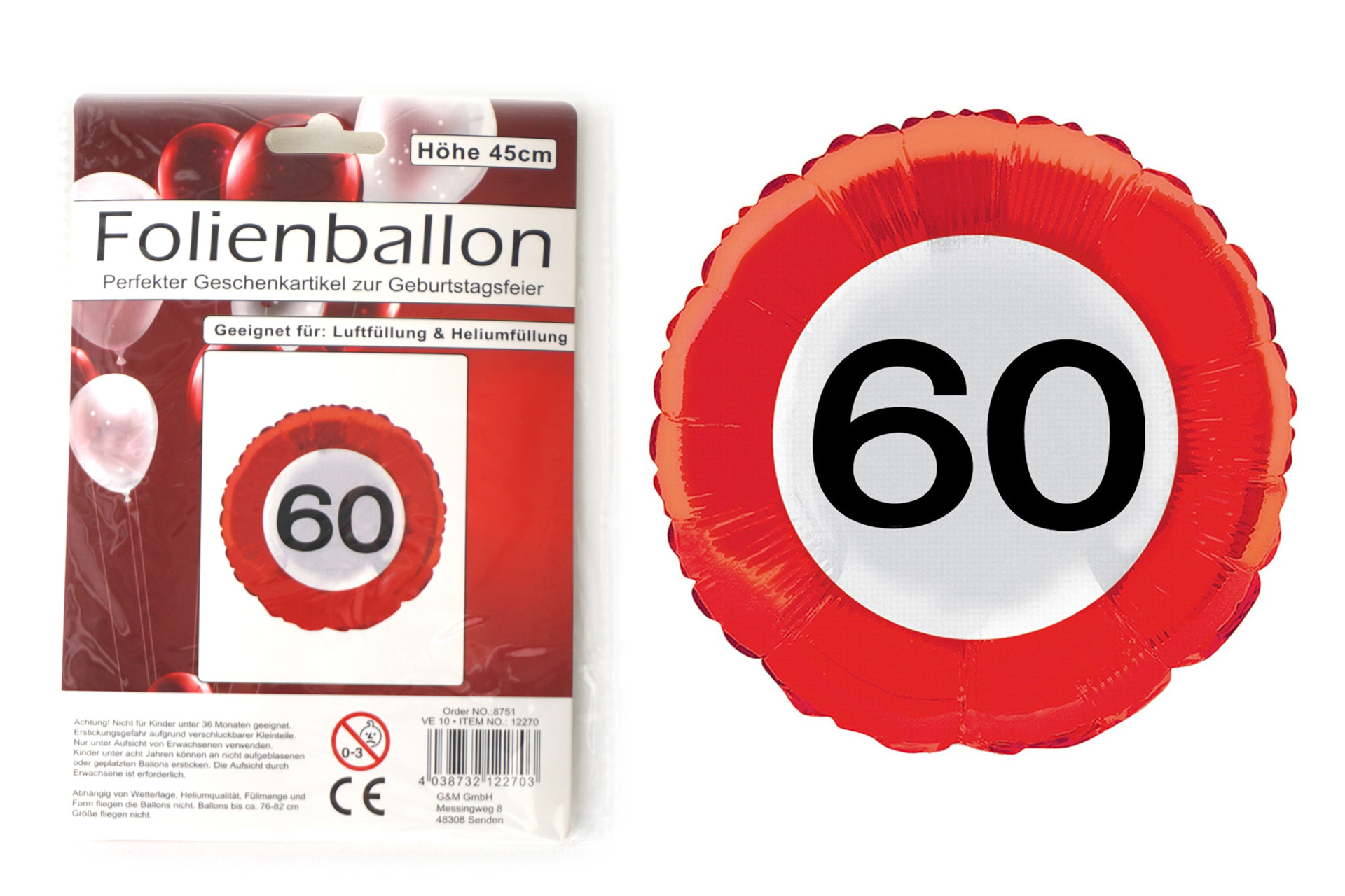 Folienballon Jubiläum Verkehrsschild "60", 45cm