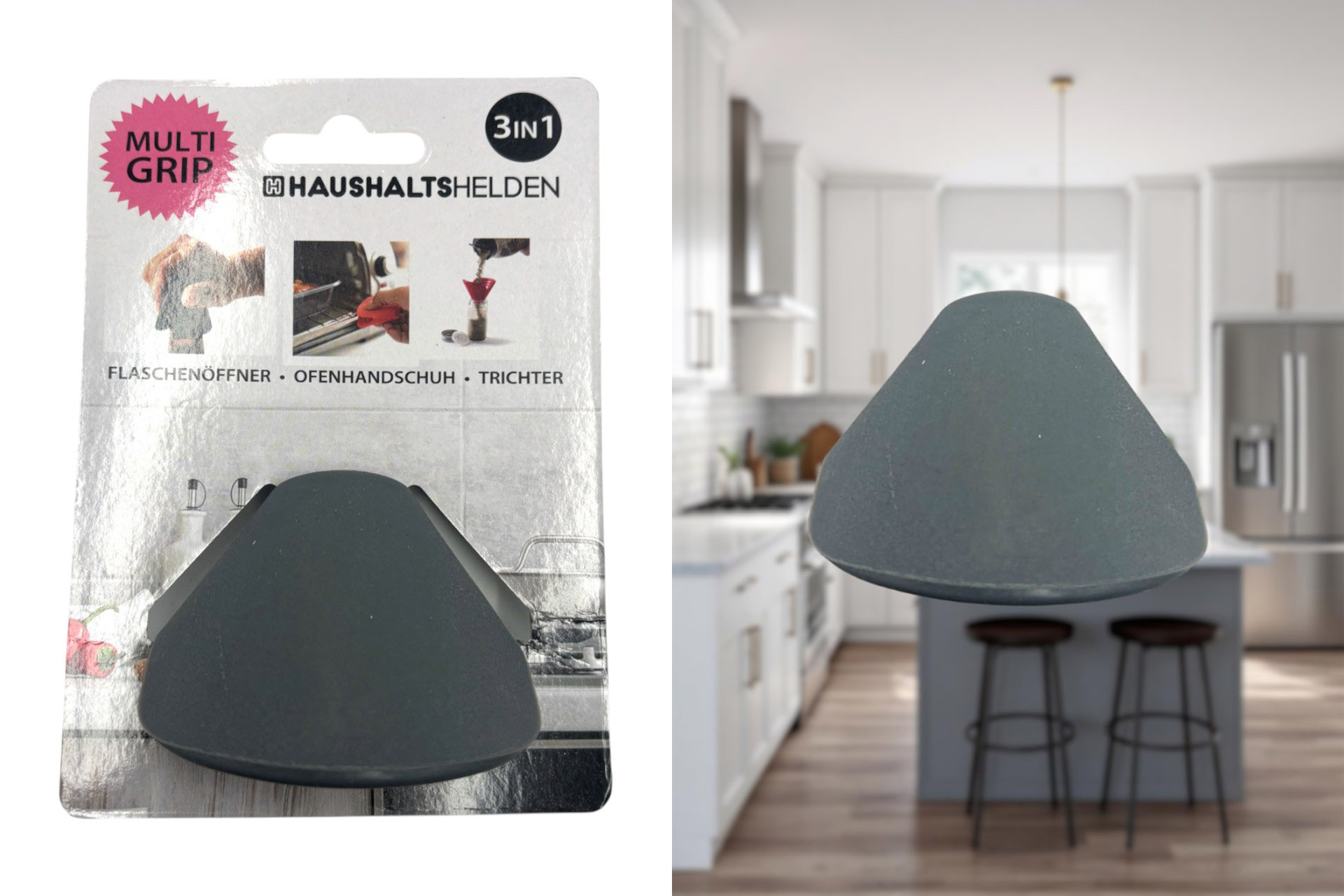 Silikon-Grip Multifunktionell 3in1 Flaschenöffner, Trichter, Ofenhandschuh, grau