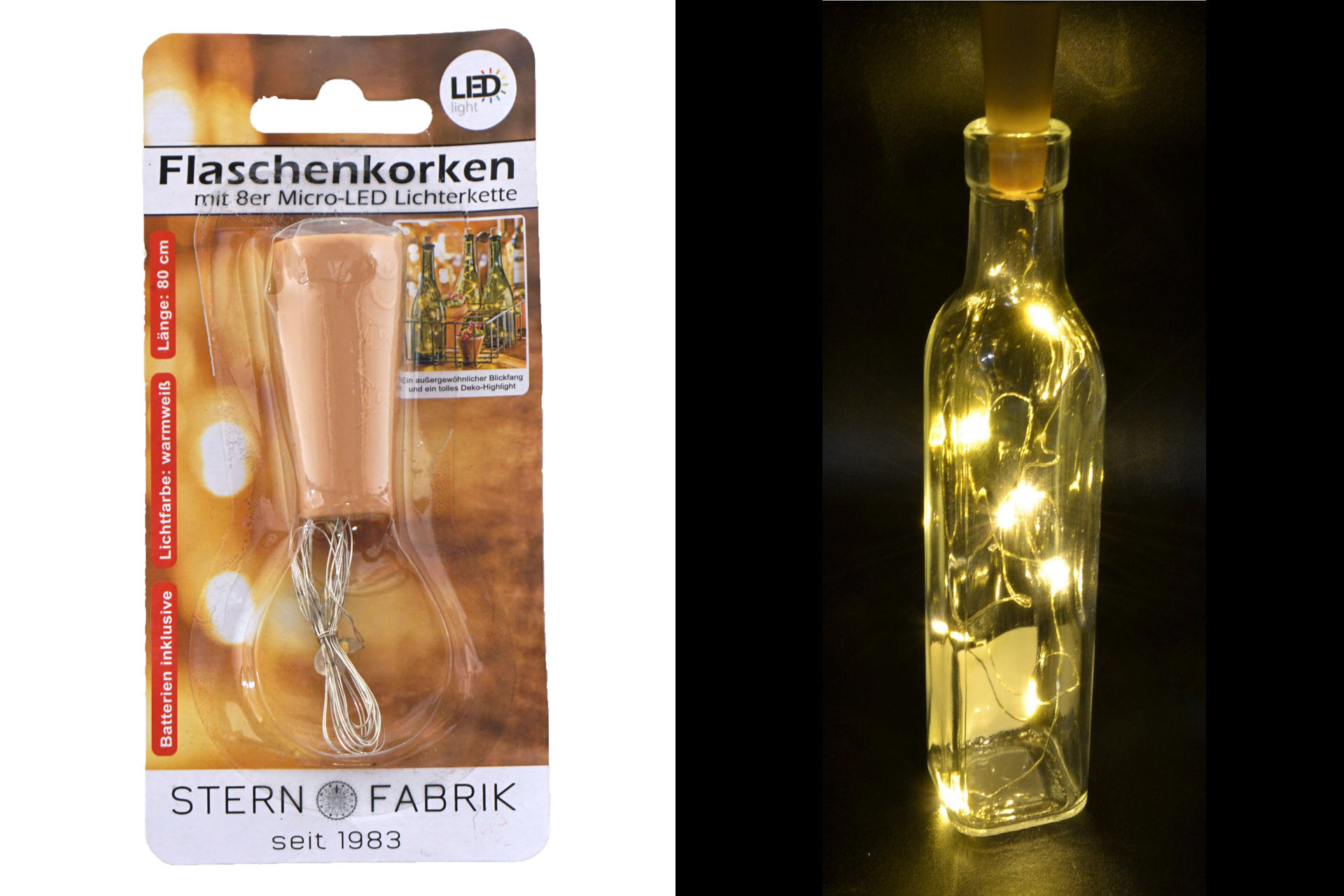 LED Flaschenkorken warmweiß Kunststoff mit 8er Mikro-LED-Lichterkette 80cm