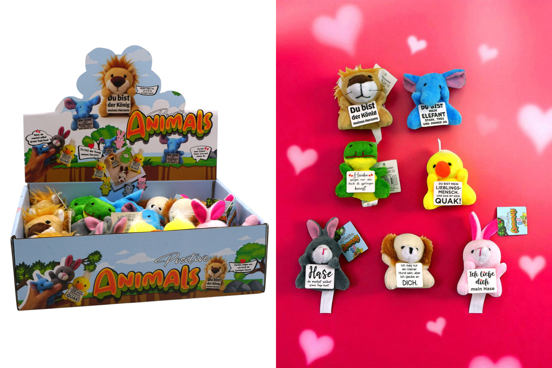 Plüschtiere „Positive Animals“, 7,5x5x5cm, 7 Designs mit Spruch