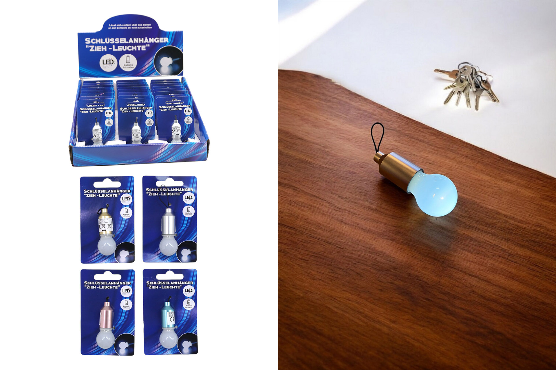 Schlüsselanhänger Zieh-Leuchte "Glühbirne" LED 5,5cm, 4 Farben, in Display