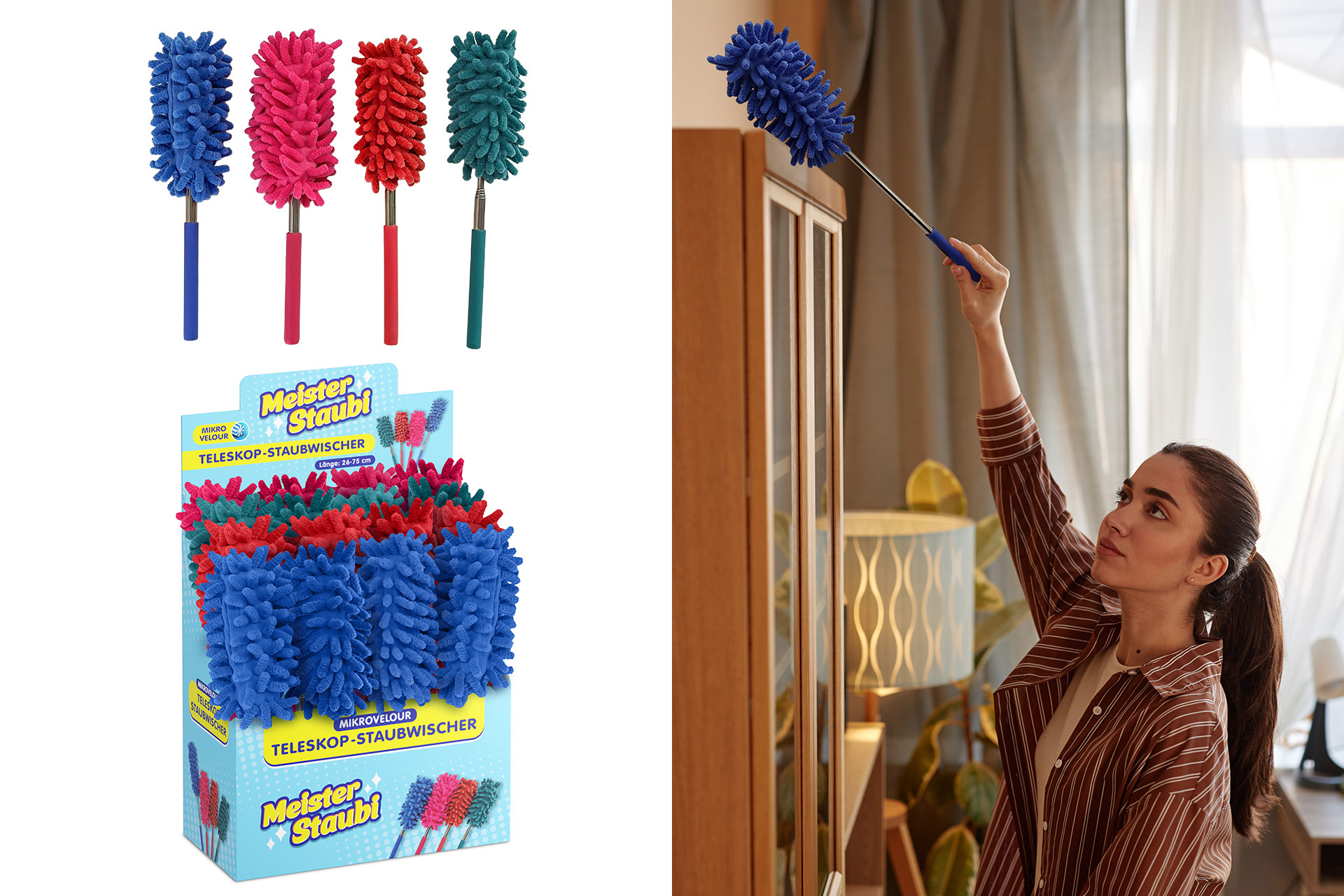 Staubwischer Teleskopstab Mikrovelour, 26-75cm, 4 Farben, im Display