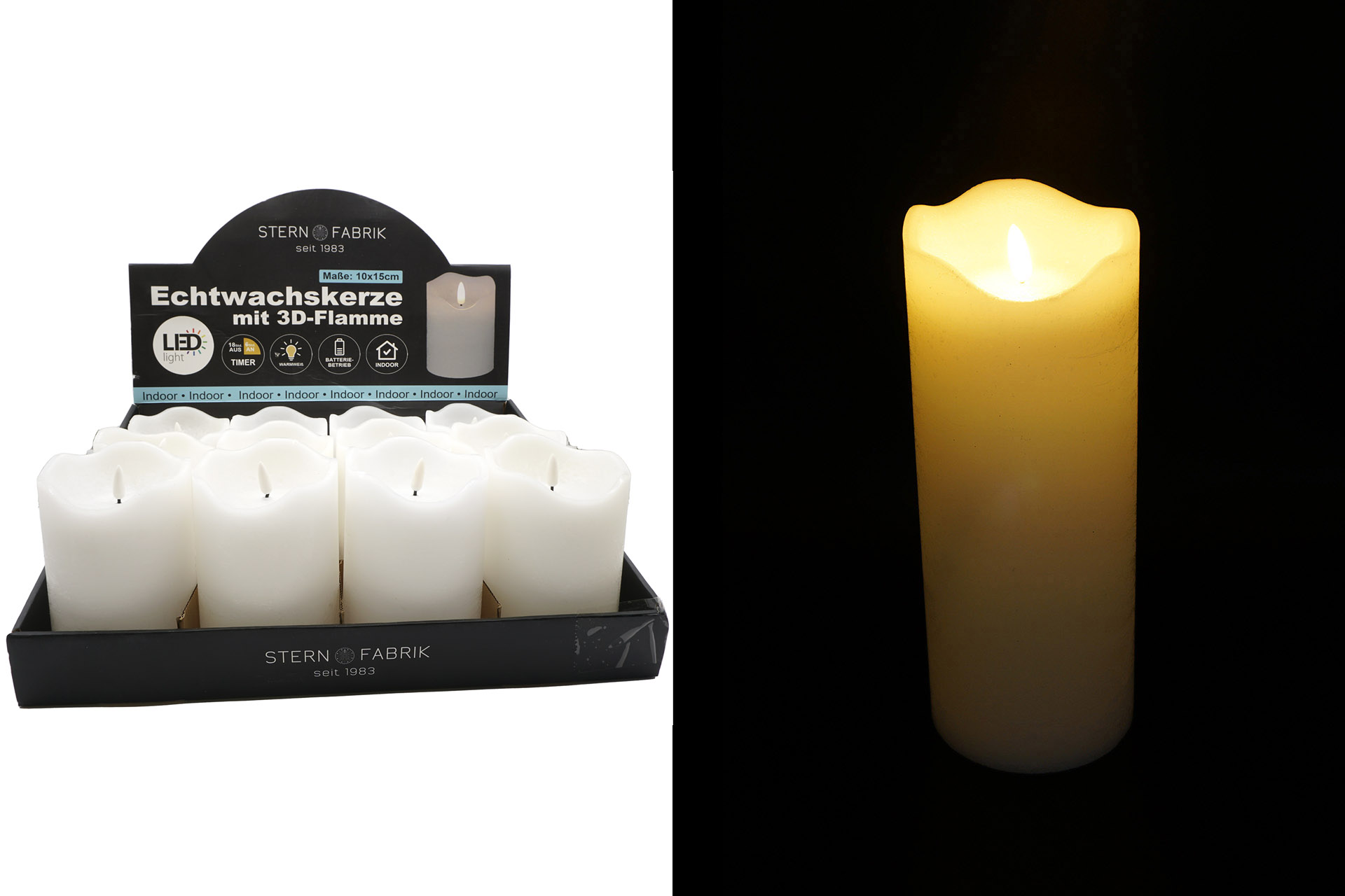 LED Echtwachskerze "3D Flamme" 10x15cm mit Timer, weiß, im Display