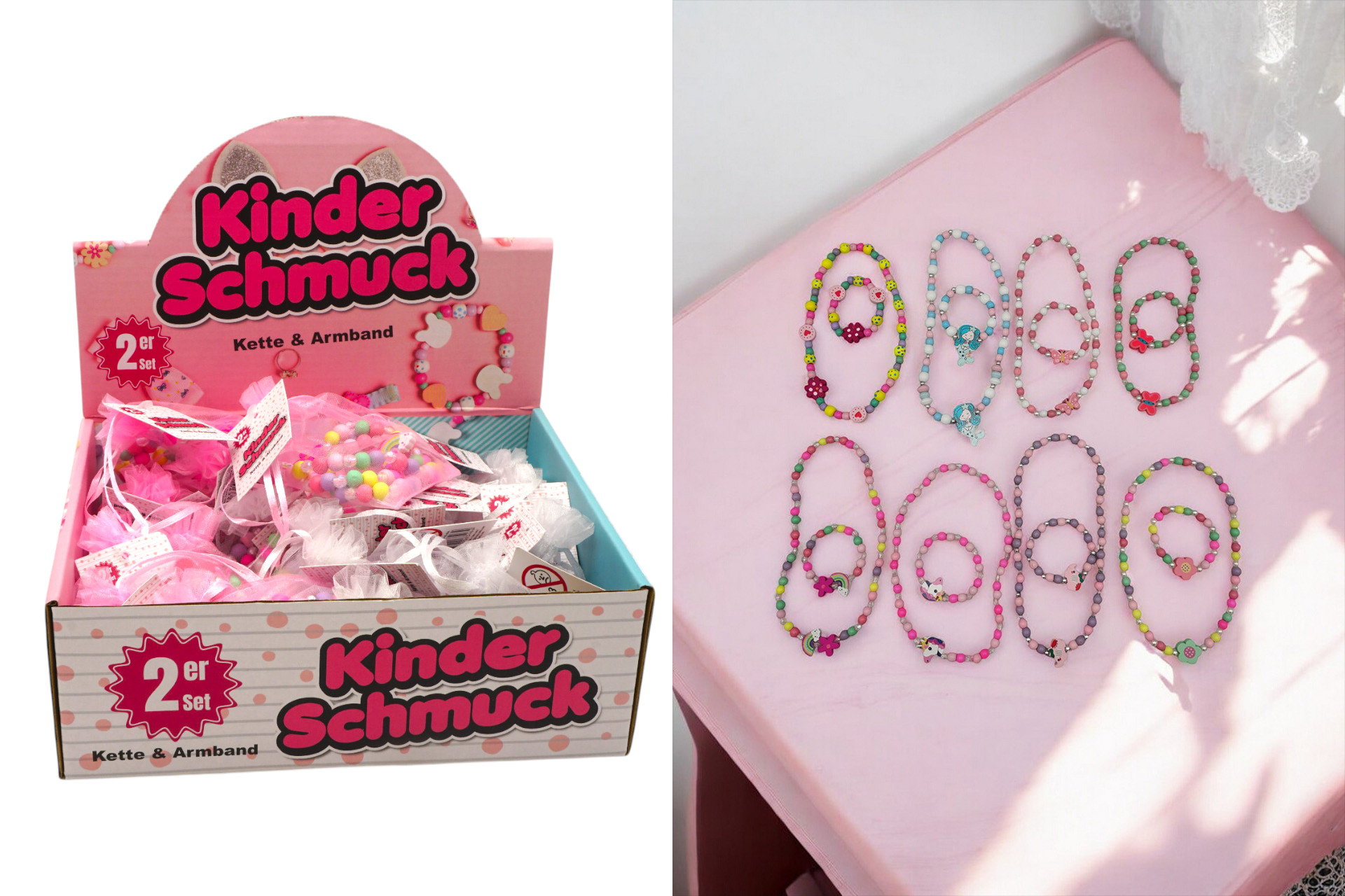 Kinderschmuck Set Natur Armband & Halskette im Beutel, 2er Set, 8 Designs, im Display