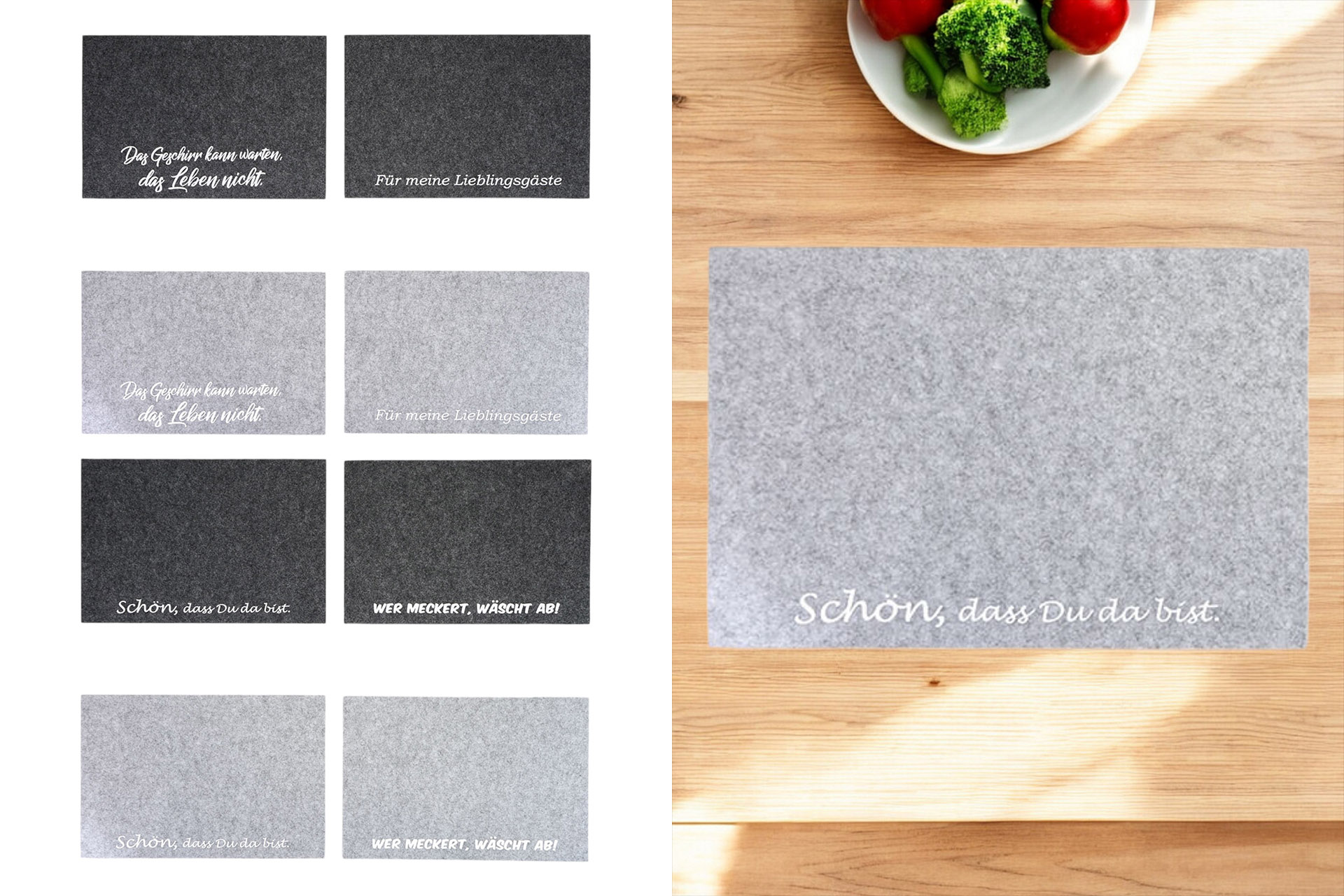 Platzset 45x30cm Filz mit Spruch, grau, hellgrau sortiert, 4 Sprüche sortiert