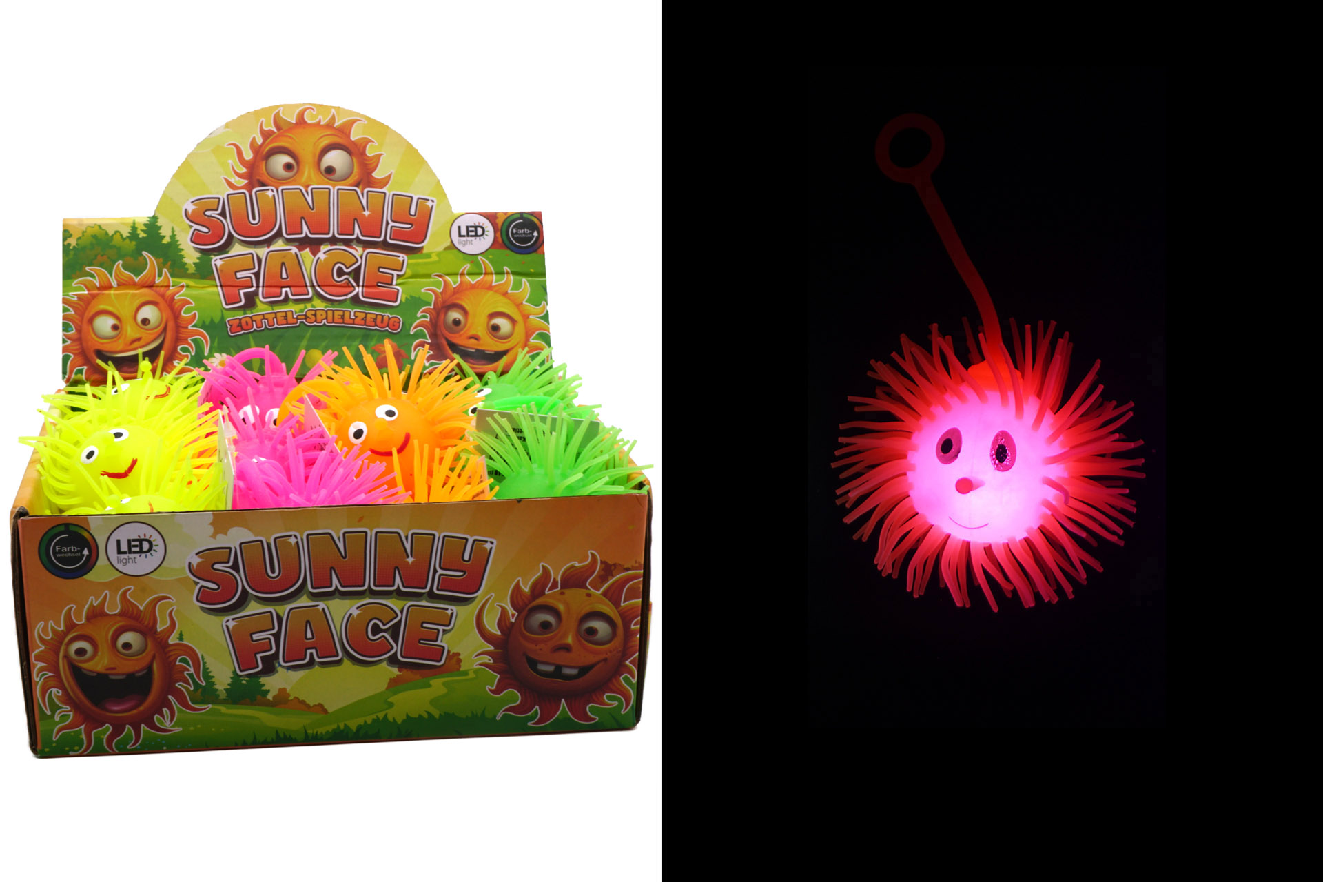 Zottel "Jumping Sunny Face" 9cm, 4 Farben, im Display, LED