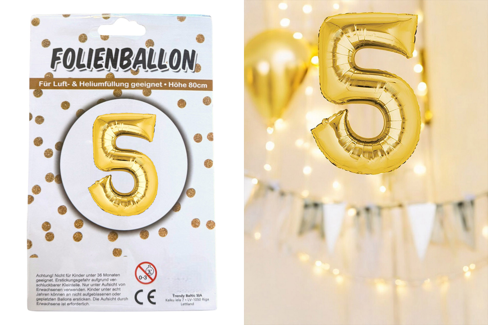 Folienballon Ziffer - 5, 80cm gold