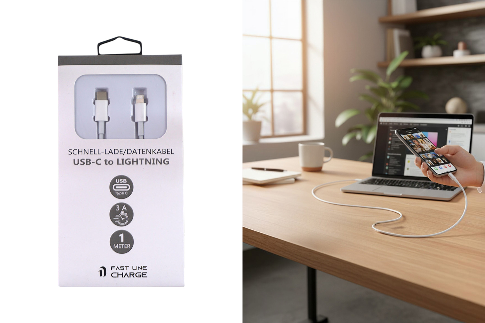 Lade-/Datenkabel für iPhone PREMIUM, USB-C auf Lightning, 1m, weiß