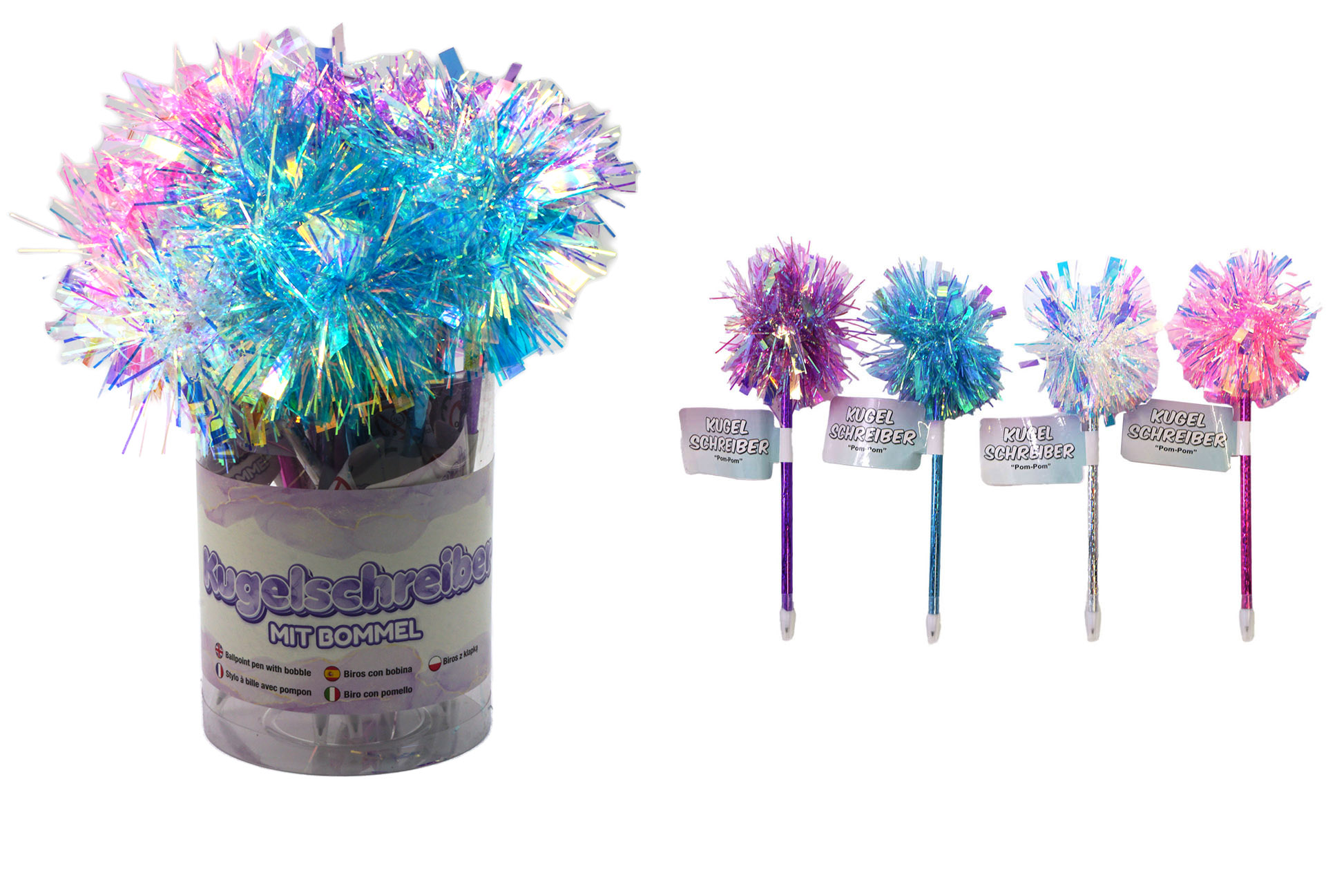 Kugelschreiber mit Bommel Pom-Pom glitzer 22cm 4 Farben, im Display