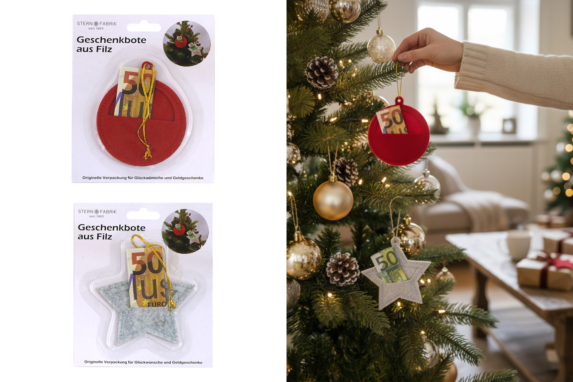 Geldgeschenk Weihnachten, Filz, 2 Designs