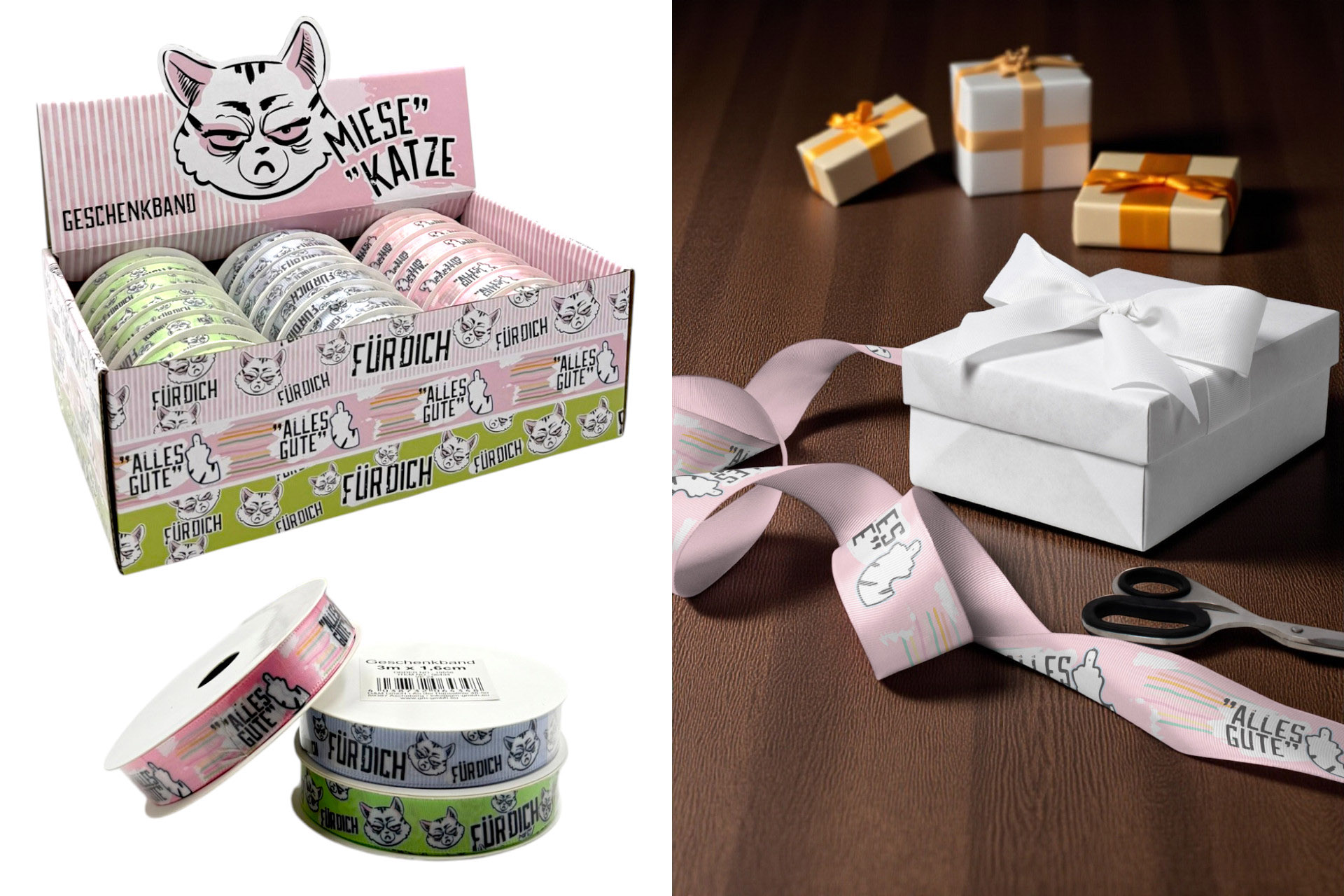 Geschenkband "Miesekatze", 3m x 1,6cm, 3 Designs, im Display